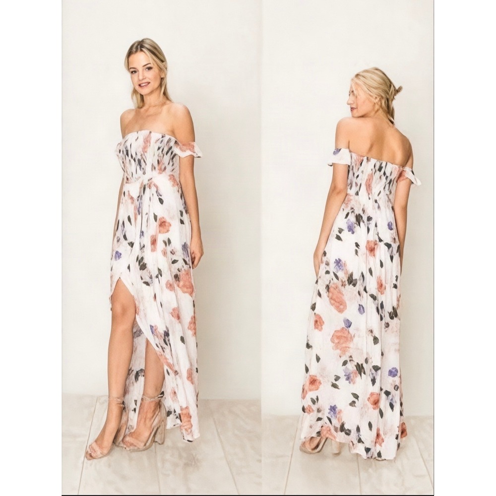 Altar'd State Floral High Low Maxi Dress White Smocked Cottage Boho HF19G009